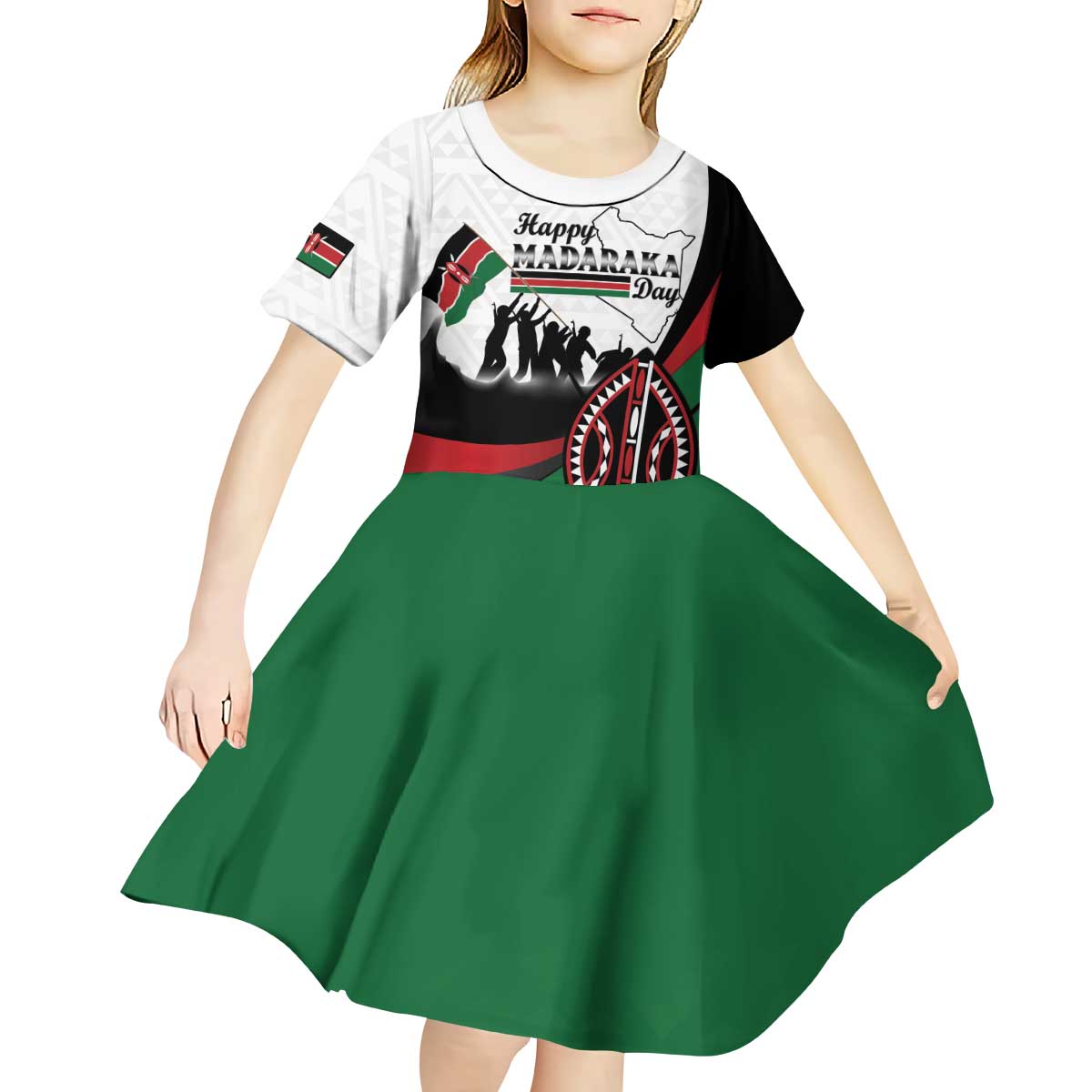 Personalised Happy Kenya Madaraka Day Kid Short Sleeve Dress Maasai Shield - Kenyan Pattern