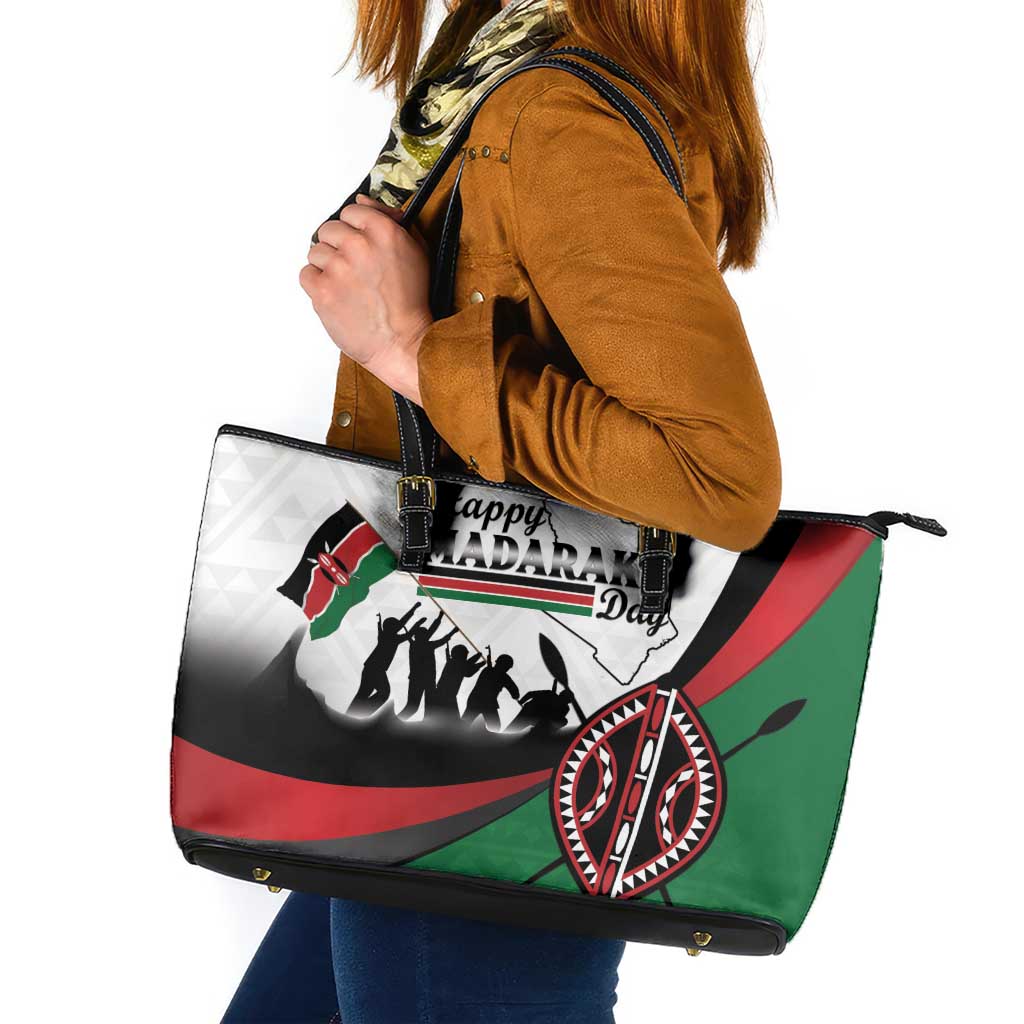 Happy Kenya Madaraka Day Leather Tote Bag Maasai Shield - Kenyan Pattern