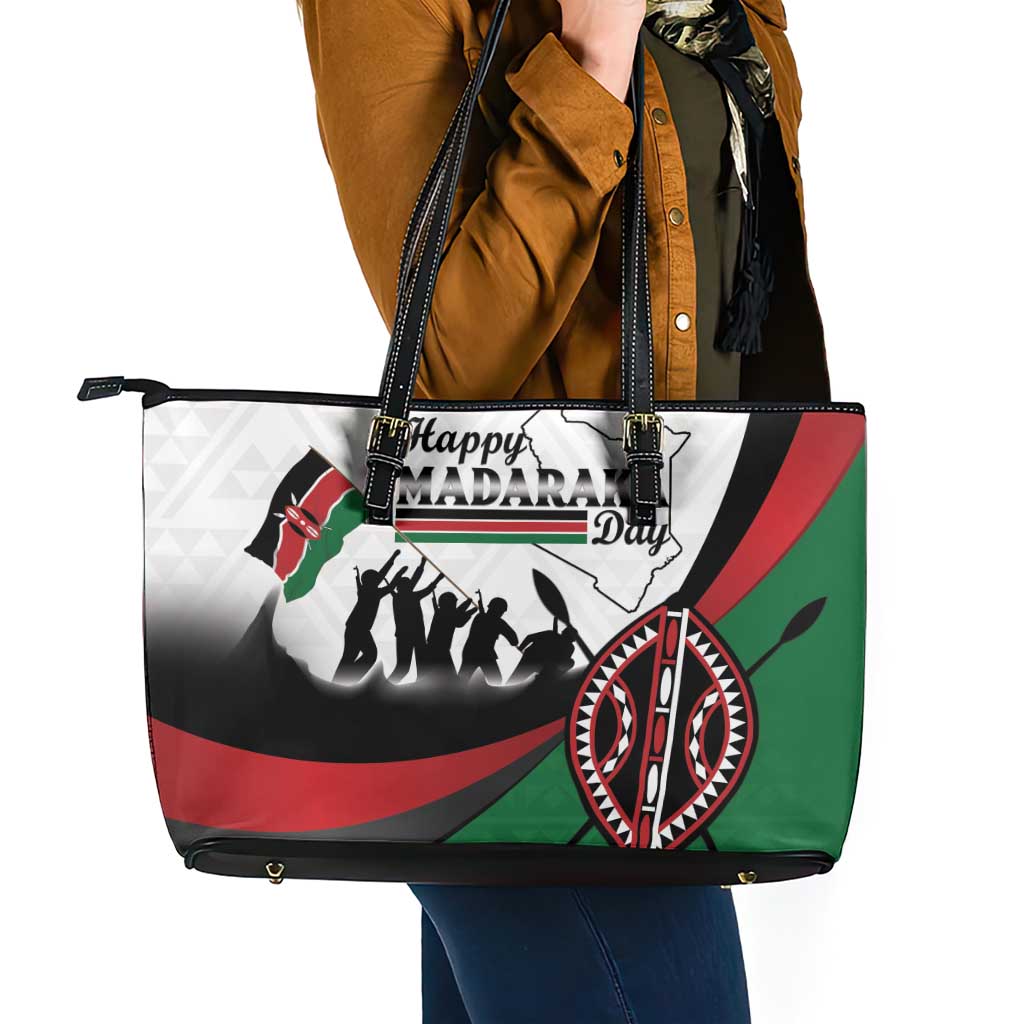 Happy Kenya Madaraka Day Leather Tote Bag Maasai Shield - Kenyan Pattern