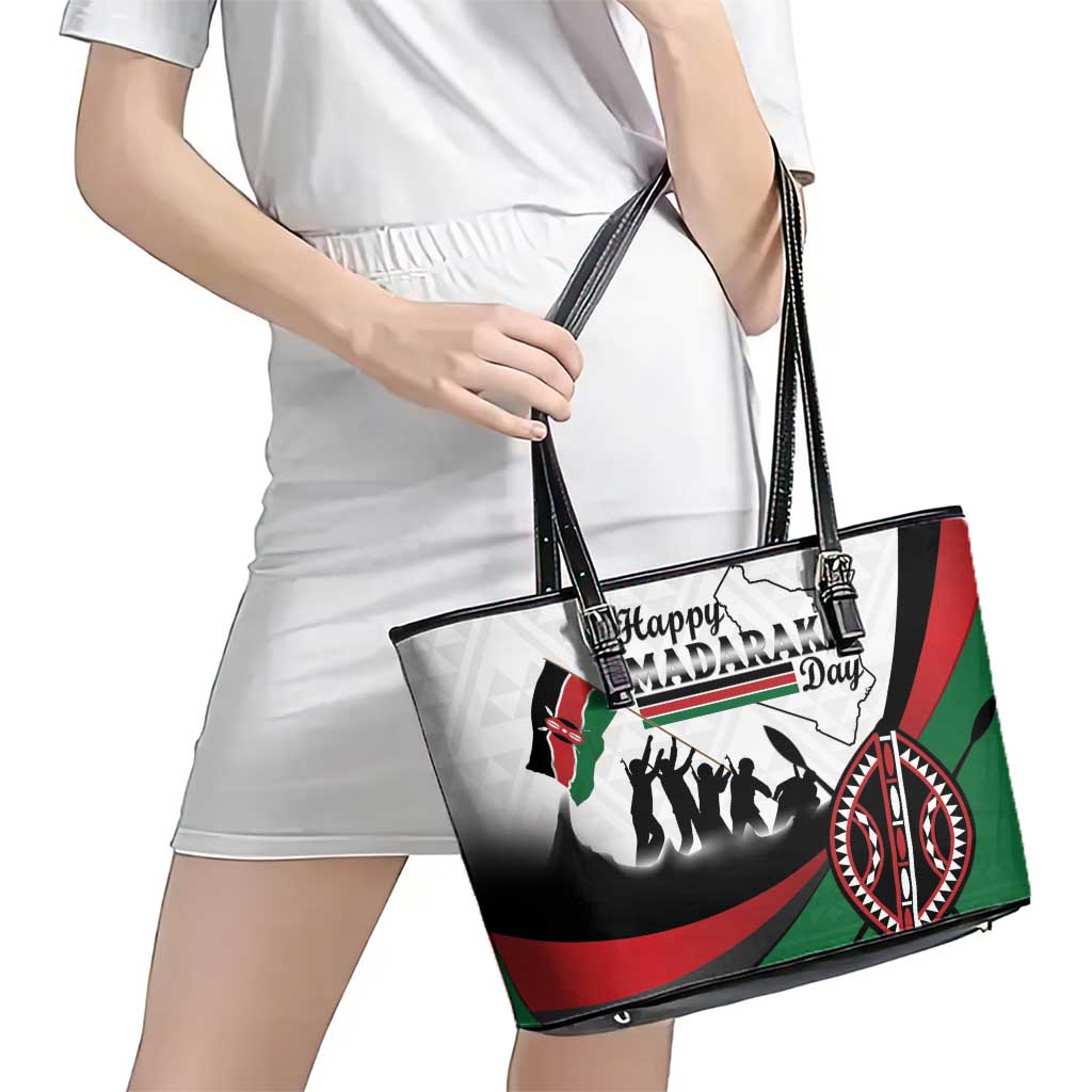 Happy Kenya Madaraka Day Leather Tote Bag Maasai Shield - Kenyan Pattern