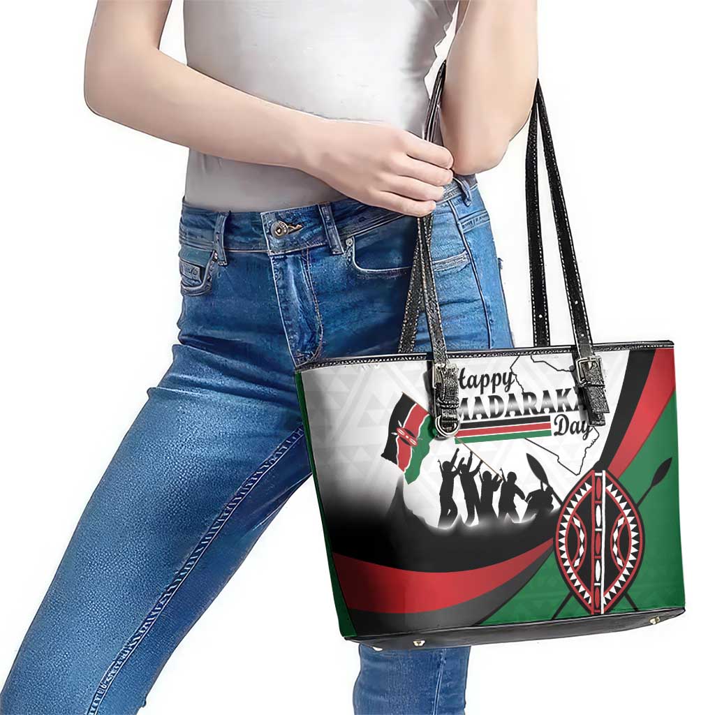 Happy Kenya Madaraka Day Leather Tote Bag Maasai Shield - Kenyan Pattern