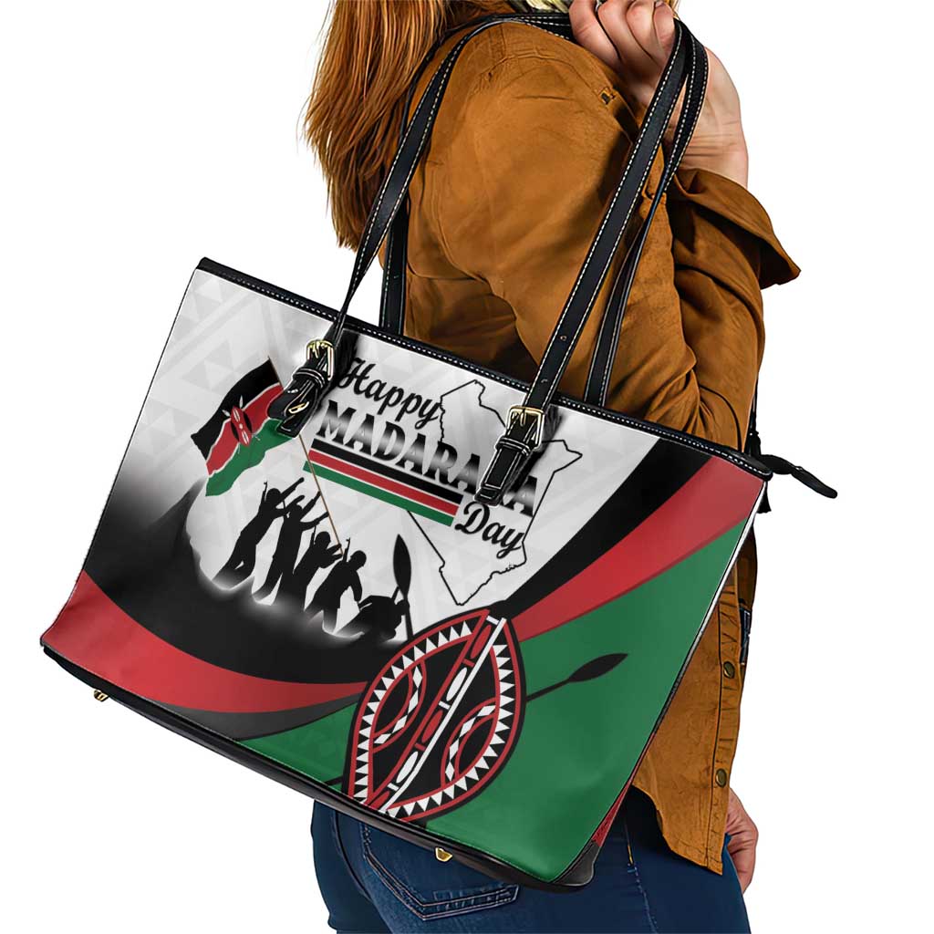 Happy Kenya Madaraka Day Leather Tote Bag Maasai Shield - Kenyan Pattern