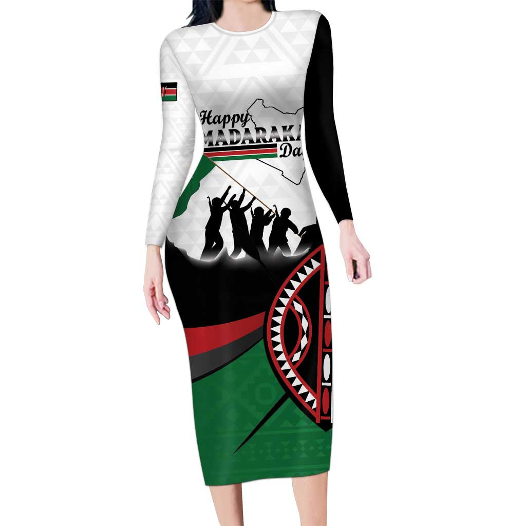 Personalised Happy Kenya Madaraka Day Long Sleeve Bodycon Dress Maasai Shield - Kenyan Pattern