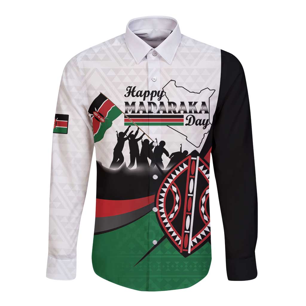 Personalised Happy Kenya Madaraka Day Long Sleeve Button Shirt Maasai Shield - Kenyan Pattern