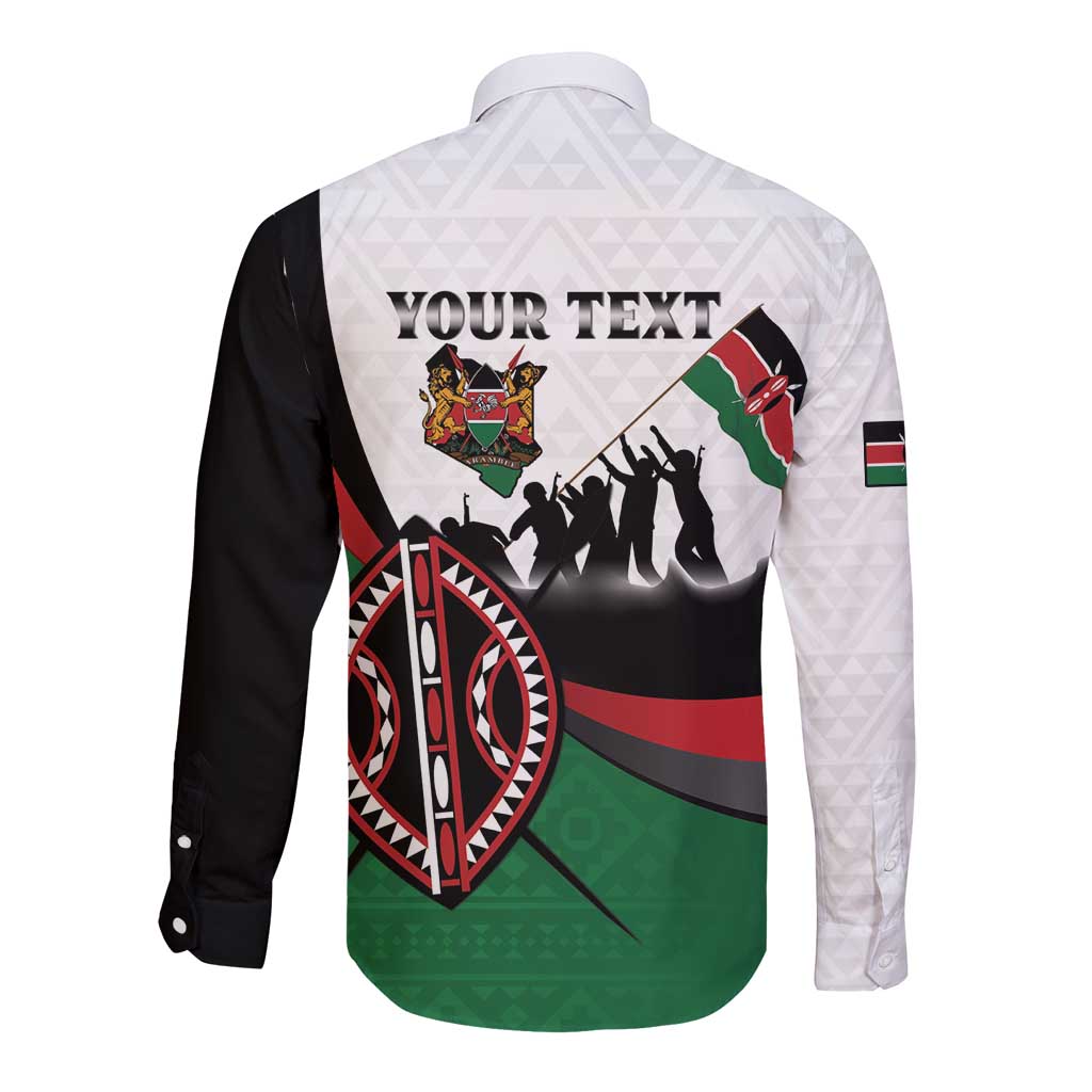 Personalised Happy Kenya Madaraka Day Long Sleeve Button Shirt Maasai Shield - Kenyan Pattern