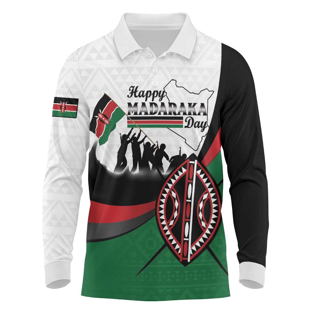 Personalised Happy Kenya Madaraka Day Long Sleeve Polo Shirt Maasai Shield - Kenyan Pattern