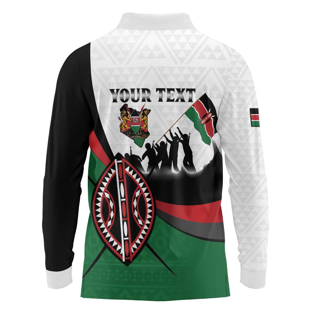 Personalised Happy Kenya Madaraka Day Long Sleeve Polo Shirt Maasai Shield - Kenyan Pattern