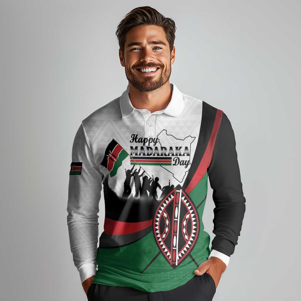 Personalised Happy Kenya Madaraka Day Long Sleeve Polo Shirt Maasai Shield - Kenyan Pattern