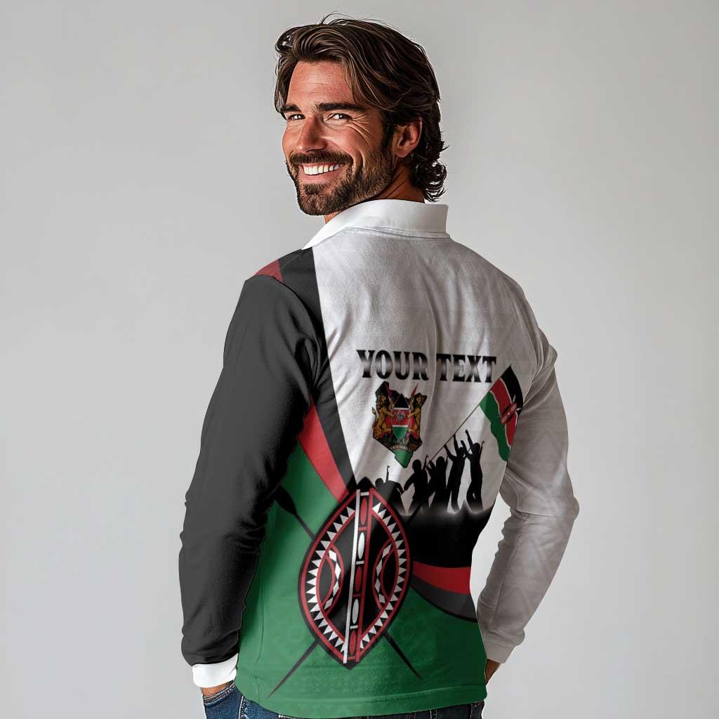 Personalised Happy Kenya Madaraka Day Long Sleeve Polo Shirt Maasai Shield - Kenyan Pattern