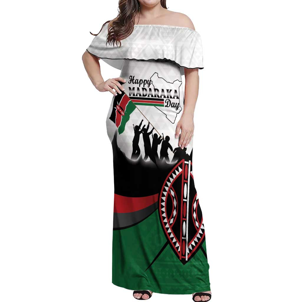 Personalised Happy Kenya Madaraka Day Off Shoulder Maxi Dress Maasai Shield - Kenyan Pattern