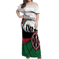 Personalised Happy Kenya Madaraka Day Off Shoulder Maxi Dress Maasai Shield - Kenyan Pattern