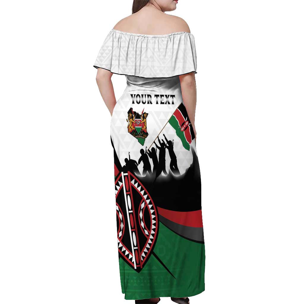 Personalised Happy Kenya Madaraka Day Off Shoulder Maxi Dress Maasai Shield - Kenyan Pattern