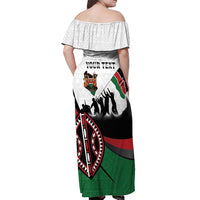 Personalised Happy Kenya Madaraka Day Off Shoulder Maxi Dress Maasai Shield - Kenyan Pattern
