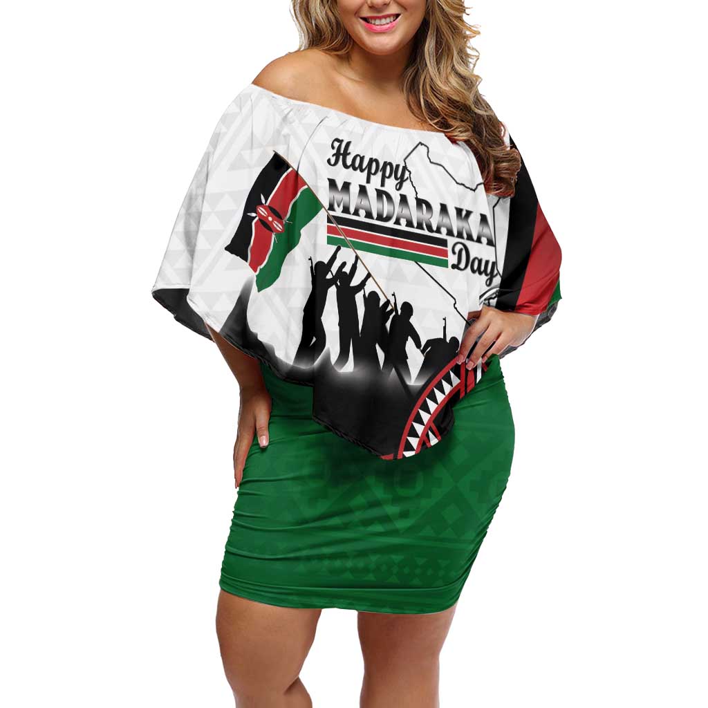 Personalised Happy Kenya Madaraka Day Off Shoulder Short Dress Maasai Shield - Kenyan Pattern