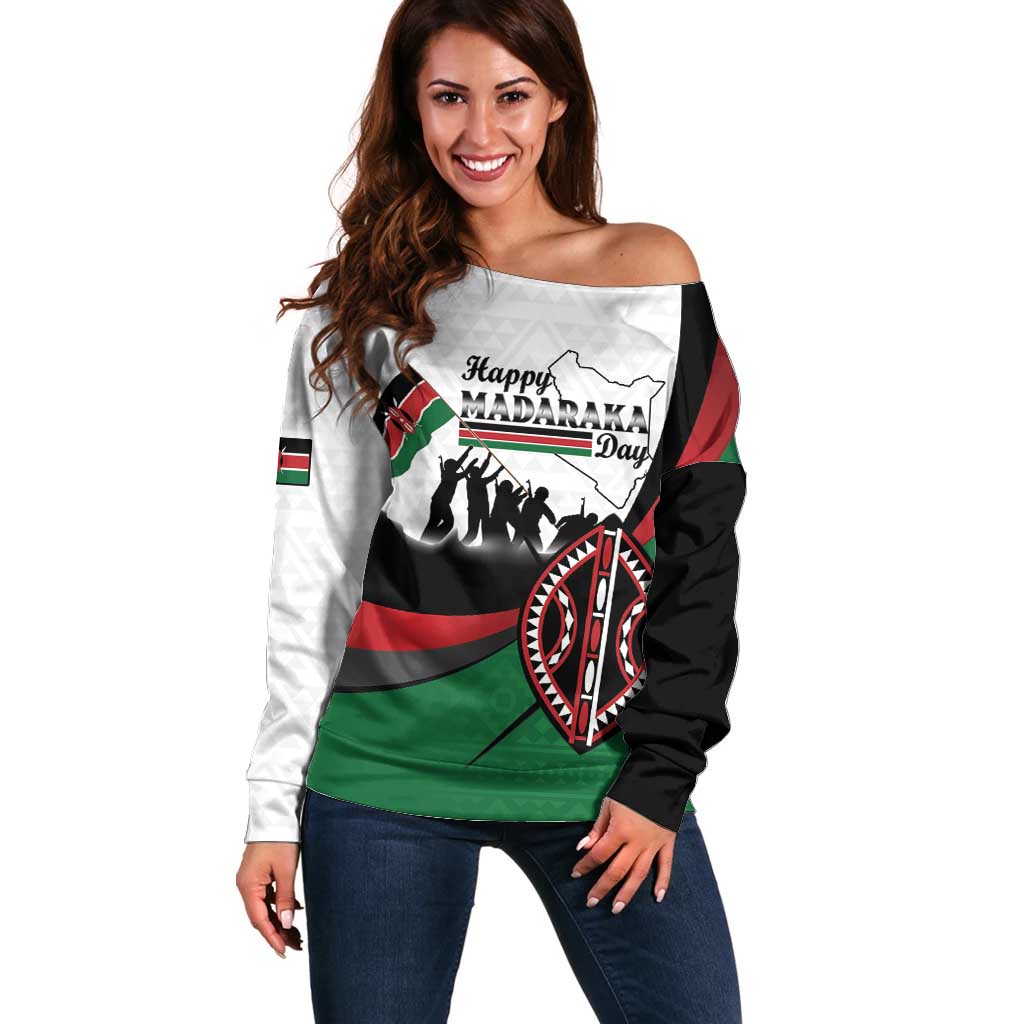 Personalised Happy Kenya Madaraka Day Off Shoulder Sweater Maasai Shield - Kenyan Pattern