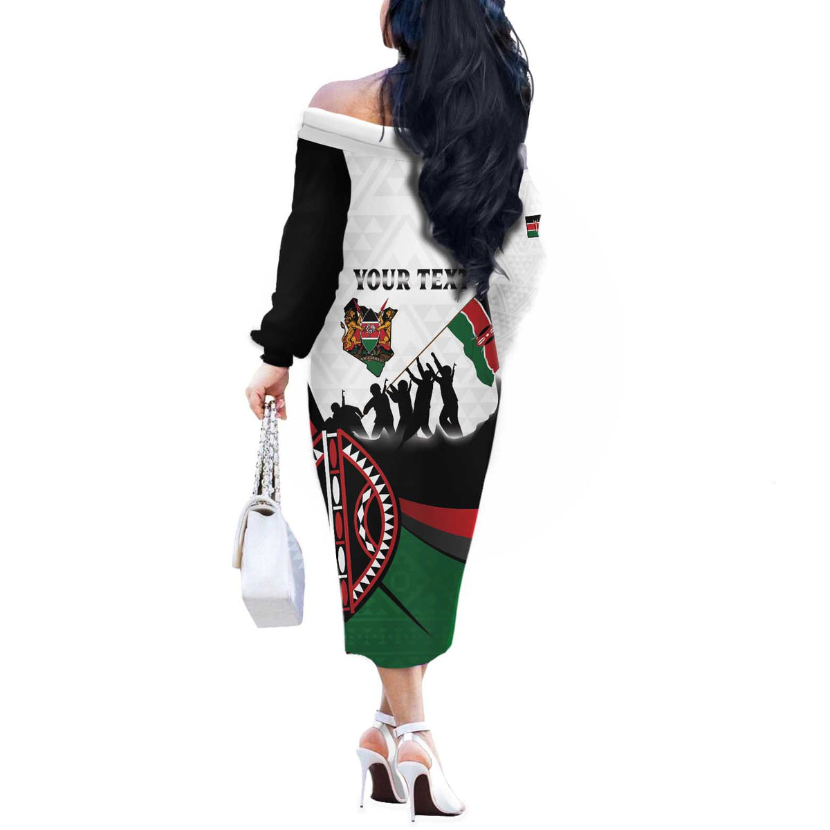 Personalised Happy Kenya Madaraka Day Off The Shoulder Long Sleeve Dress Maasai Shield - Kenyan Pattern
