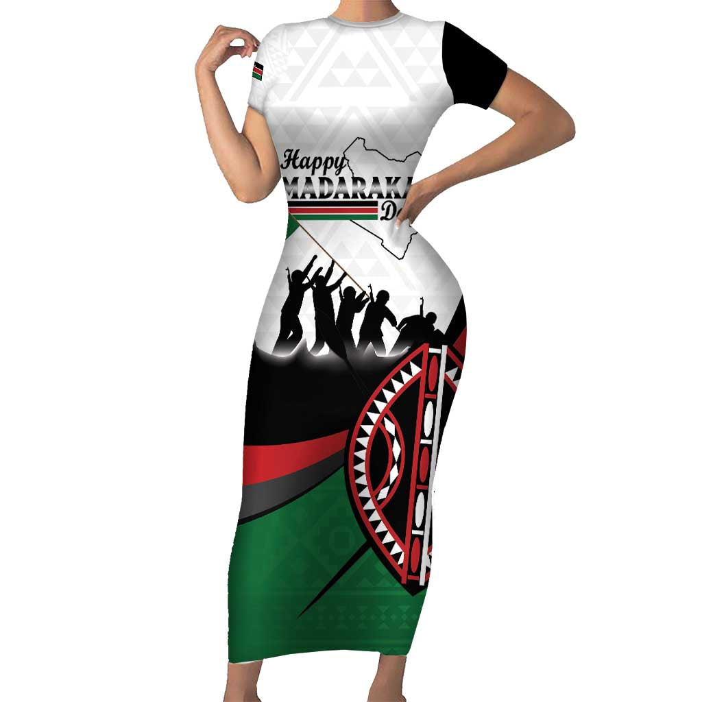 Personalised Happy Kenya Madaraka Day Short Sleeve Bodycon Dress Maasai Shield - Kenyan Pattern