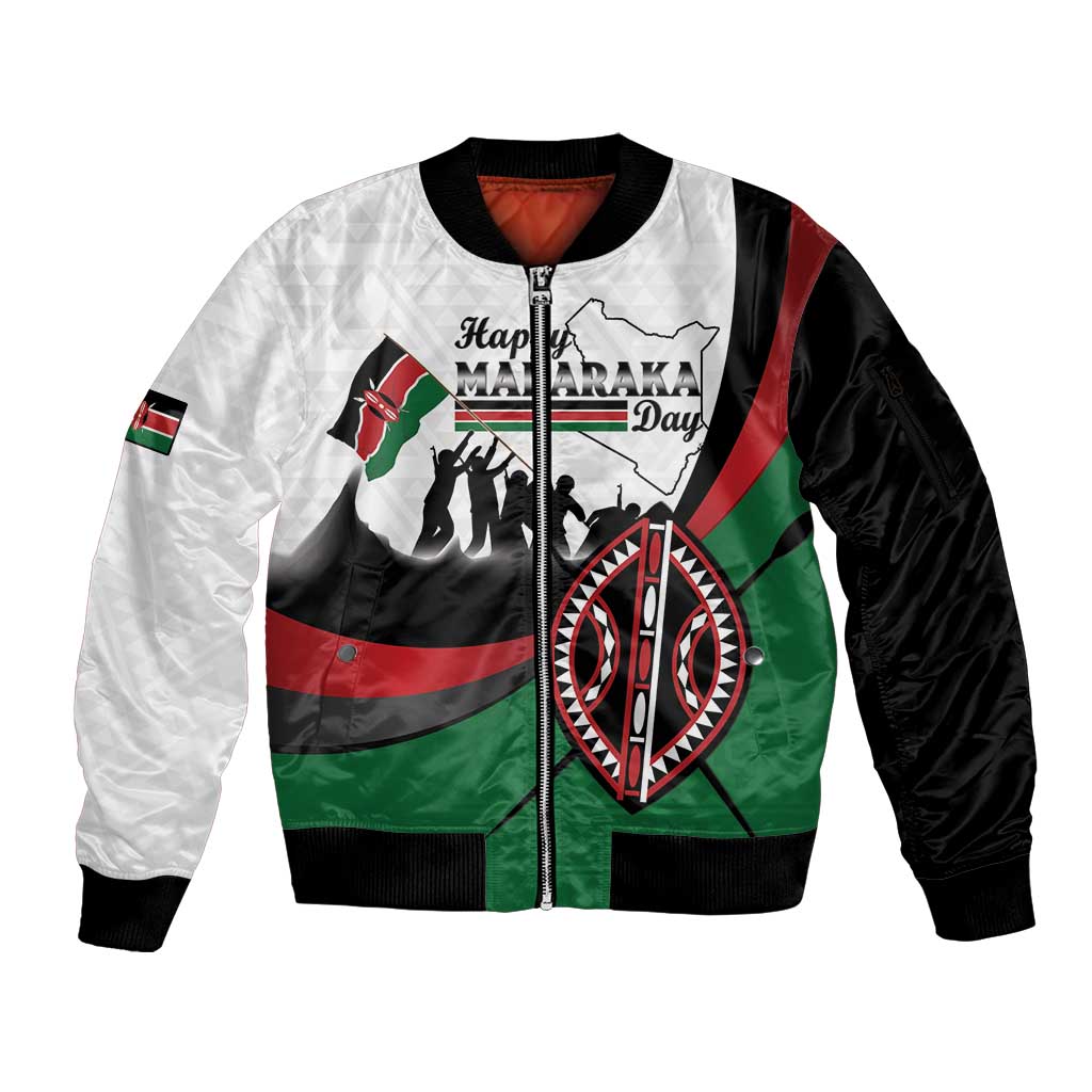 Personalised Happy Kenya Madaraka Day Sleeve Zip Bomber Jacket Maasai Shield - Kenyan Pattern