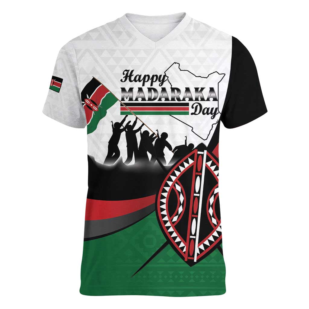 Personalised Happy Kenya Madaraka Day Women V-Neck T-Shirt Maasai Shield - Kenyan Pattern