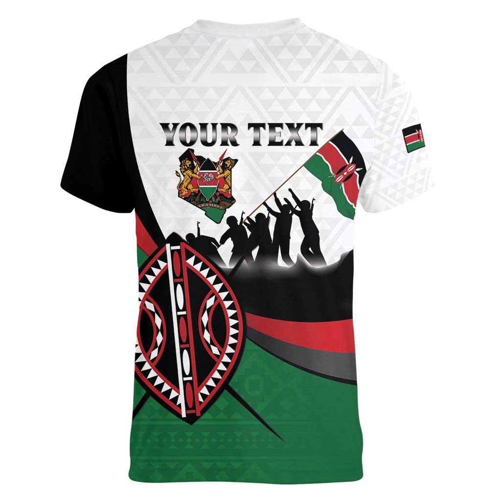 Personalised Happy Kenya Madaraka Day Women V-Neck T-Shirt Maasai Shield - Kenyan Pattern