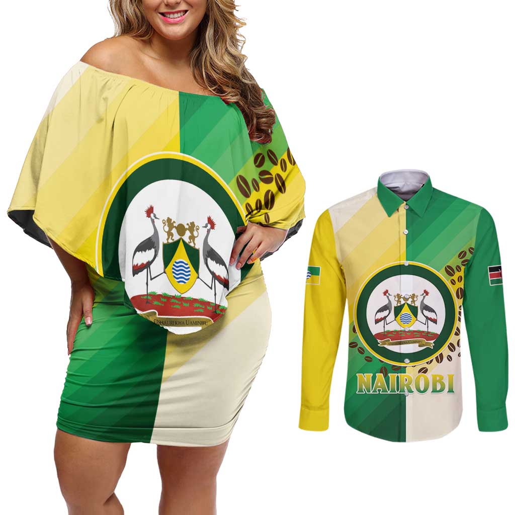 Personalised Nairobi Kenya Couples Matching Off Shoulder Short Dress and Long Sleeve Button Shirt The Green City under the Sun