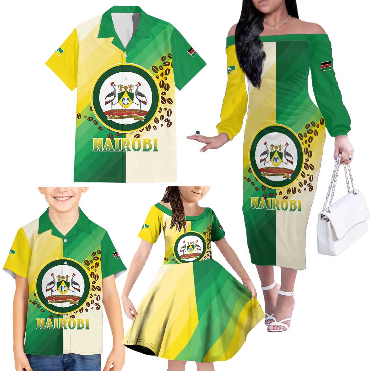 Personalised Nairobi Kenya Family Matching Off The Shoulder Long Sleeve Dress and Hawaiian Shirt The Green City under the Sun