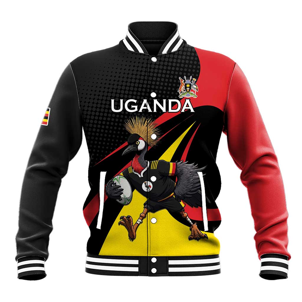 Uganda Rugby Custom Baseball Jacket Black Crowned Crane Mascot - Sporty Style