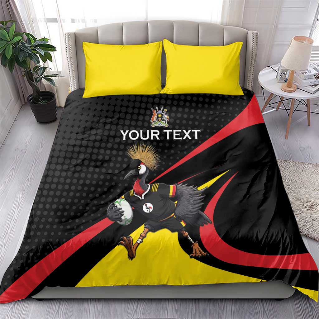 Uganda Rugby Custom Bedding Set Black Crowned Crane Mascot - Sporty Style