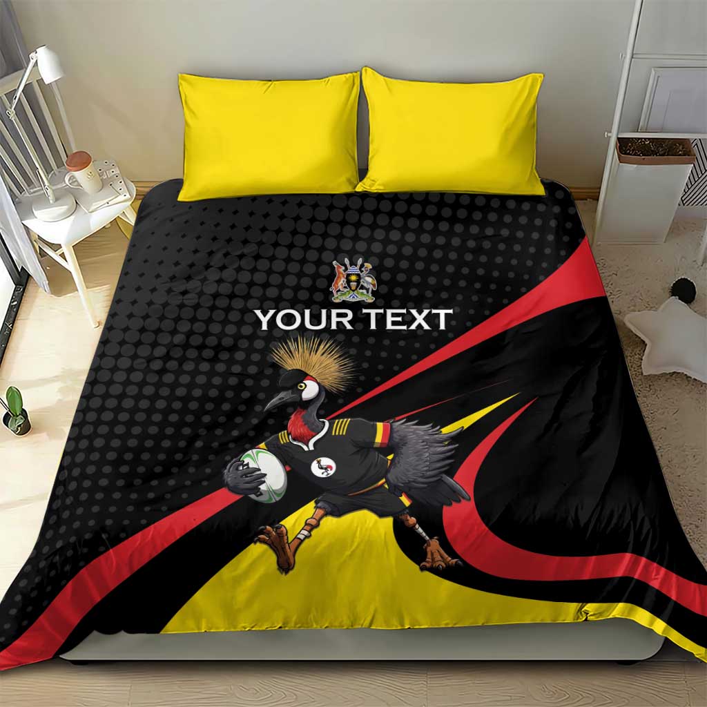 Uganda Rugby Custom Bedding Set Black Crowned Crane Mascot - Sporty Style
