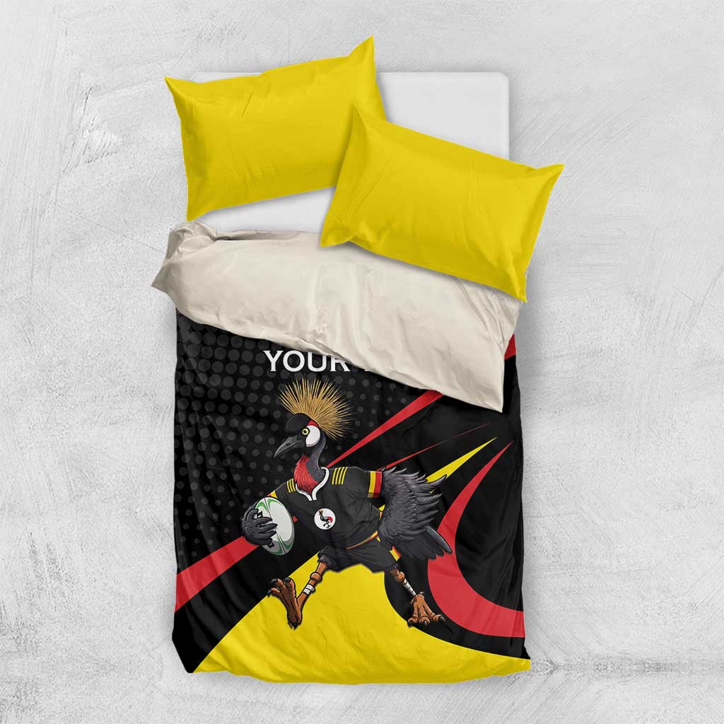 Uganda Rugby Custom Bedding Set Black Crowned Crane Mascot - Sporty Style