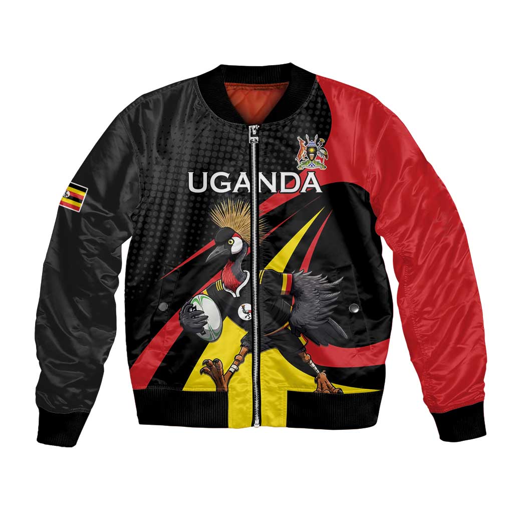 Uganda Rugby Custom Bomber Jacket Black Crowned Crane Mascot - Sporty Style