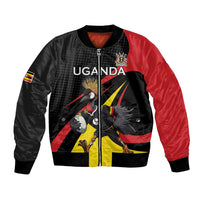 Uganda Rugby Custom Bomber Jacket Black Crowned Crane Mascot - Sporty Style