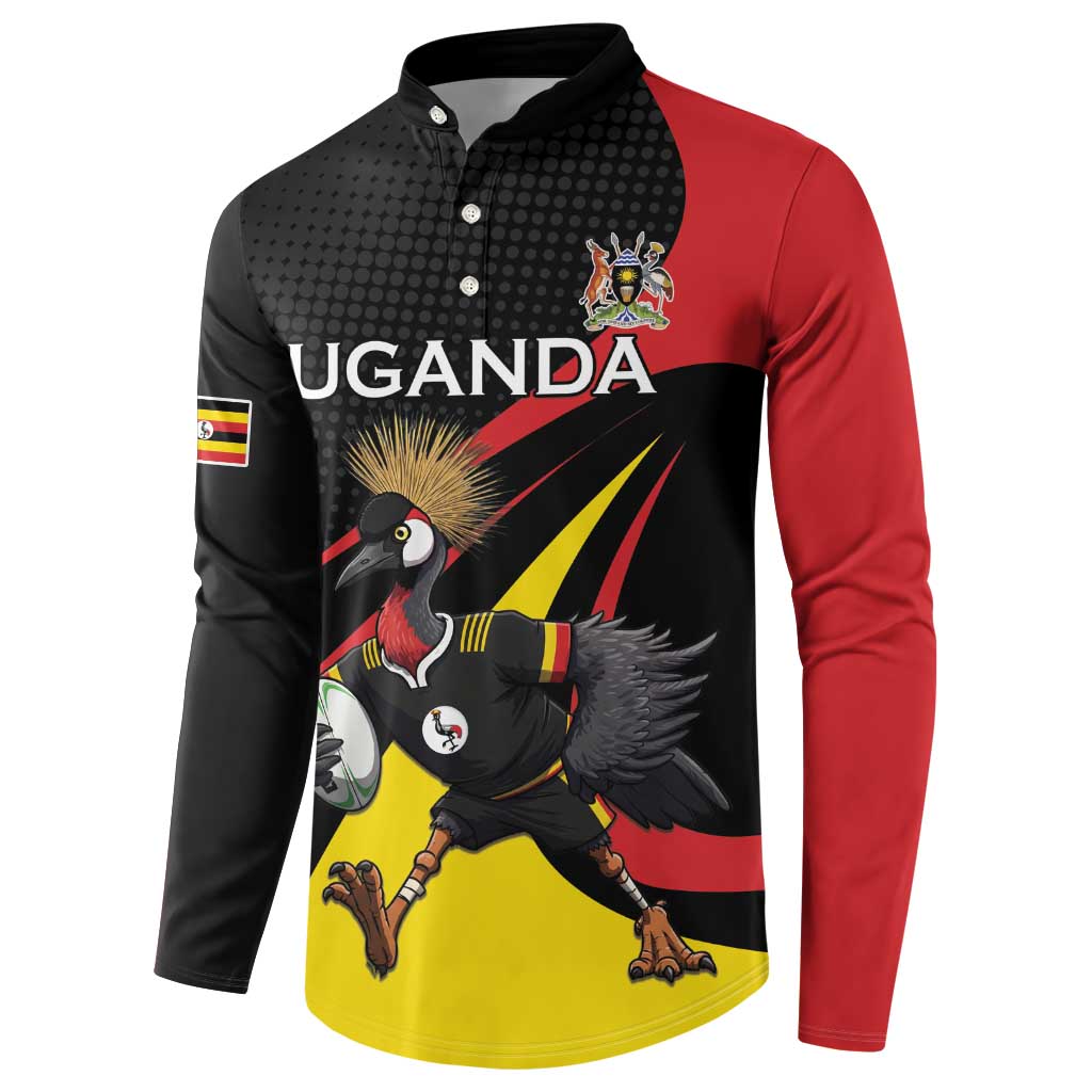 Uganda Rugby Custom Button Sweatshirt Black Crowned Crane Mascot - Sporty Style