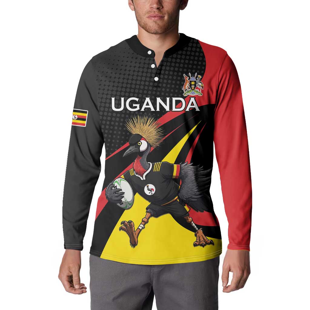 Uganda Rugby Custom Button Sweatshirt Black Crowned Crane Mascot - Sporty Style