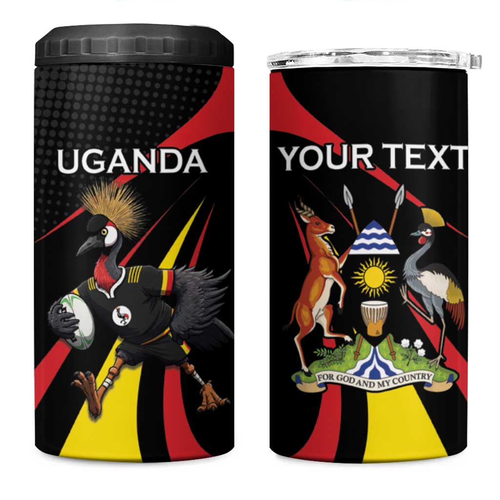 Uganda Rugby Custom 4 in 1 Can Cooler Tumbler Black Crowned Crane Mascot - Sporty Style