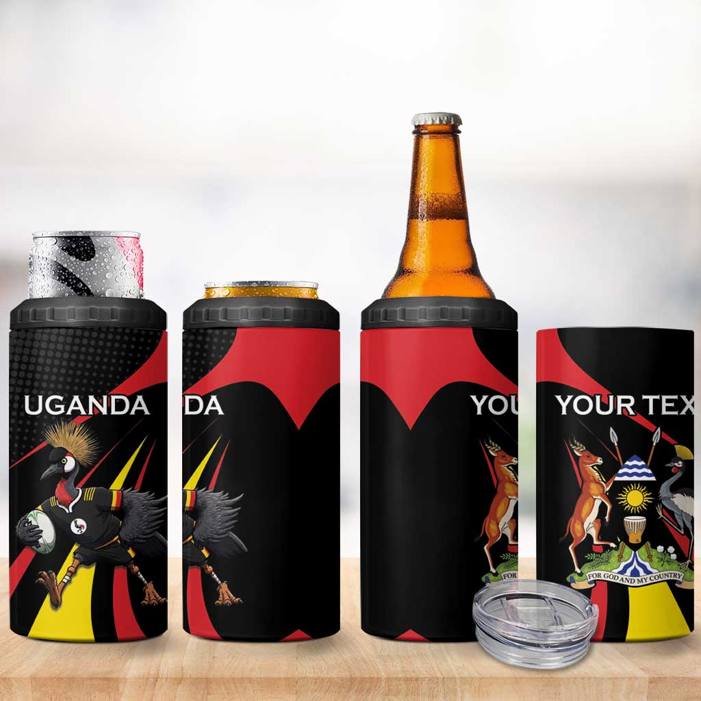 Uganda Rugby Custom 4 in 1 Can Cooler Tumbler Black Crowned Crane Mascot - Sporty Style