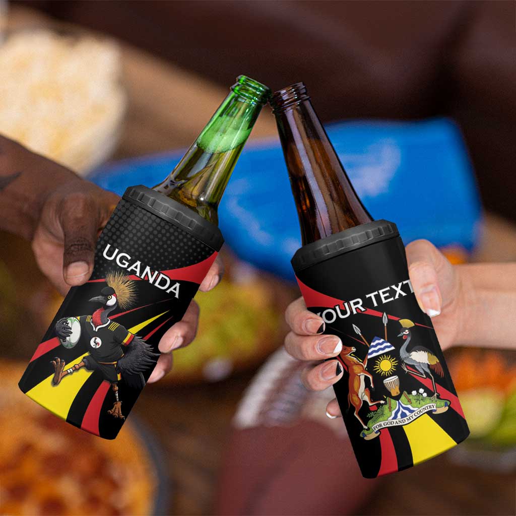 Uganda Rugby Custom 4 in 1 Can Cooler Tumbler Black Crowned Crane Mascot - Sporty Style