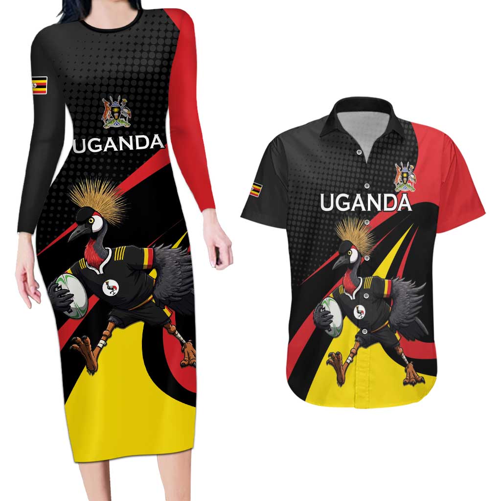 Uganda Rugby Custom Couples Matching Long Sleeve Bodycon Dress and Hawaiian Shirt Black Crowned Crane Mascot - Sporty Style