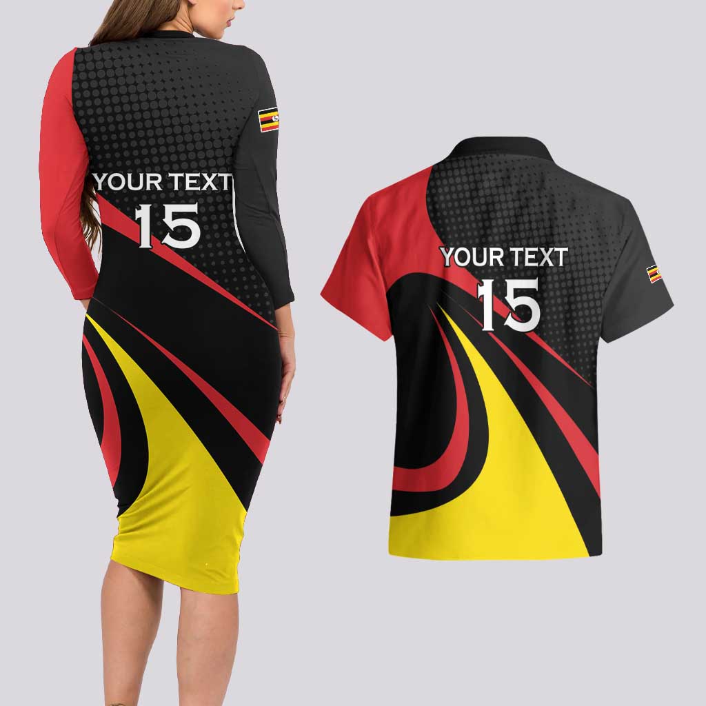 Uganda Rugby Custom Couples Matching Long Sleeve Bodycon Dress and Hawaiian Shirt Black Crowned Crane Mascot - Sporty Style