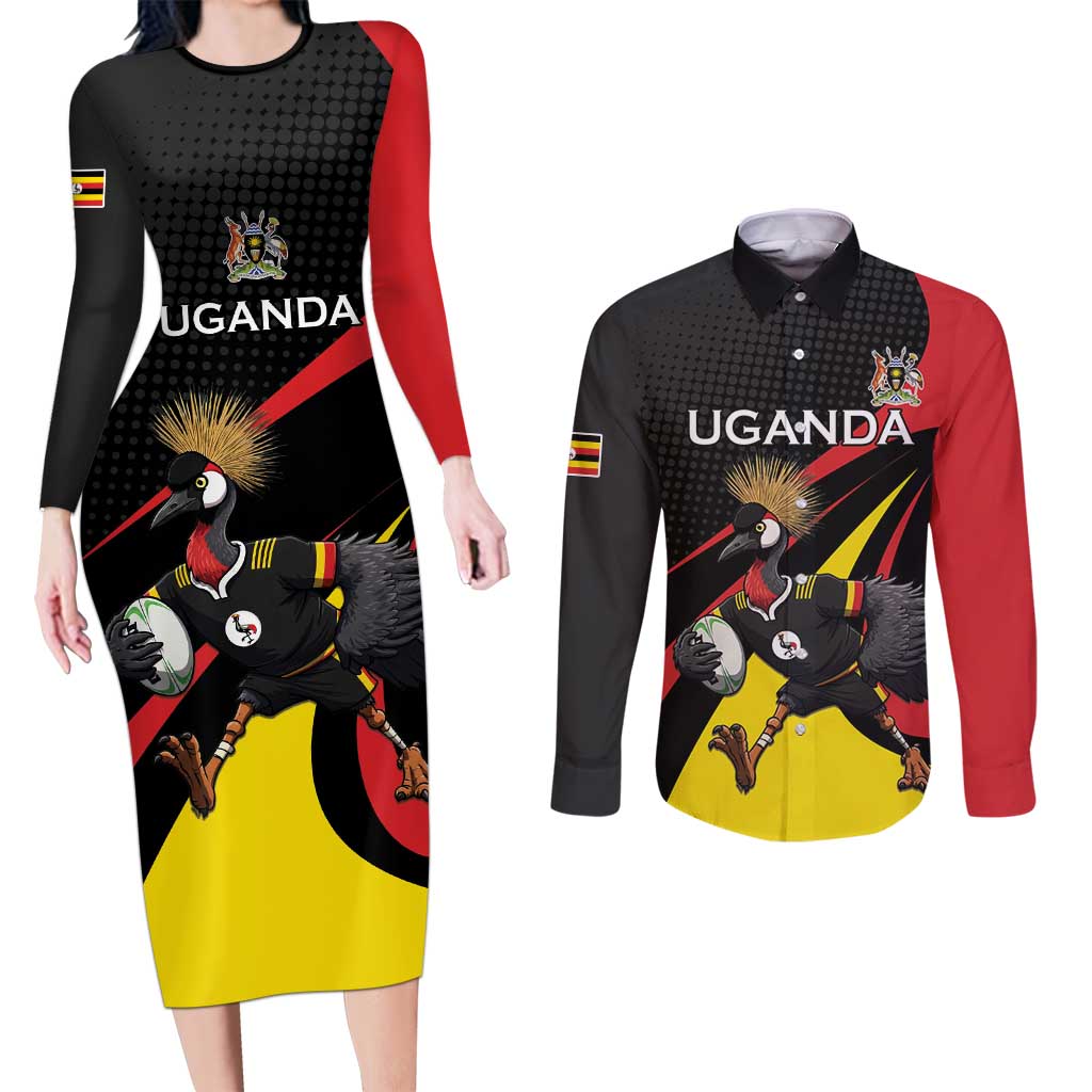 Uganda Rugby Custom Couples Matching Long Sleeve Bodycon Dress and Long Sleeve Button Shirt Black Crowned Crane Mascot - Sporty Style