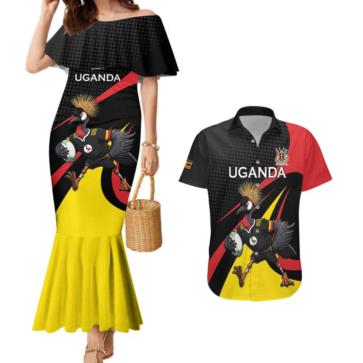 Uganda Rugby Custom Couples Matching Mermaid Dress and Hawaiian Shirt Black Crowned Crane Mascot - Sporty Style
