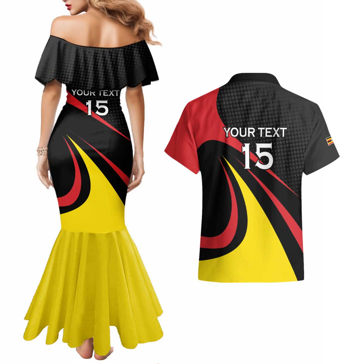 Uganda Rugby Custom Couples Matching Mermaid Dress and Hawaiian Shirt Black Crowned Crane Mascot - Sporty Style
