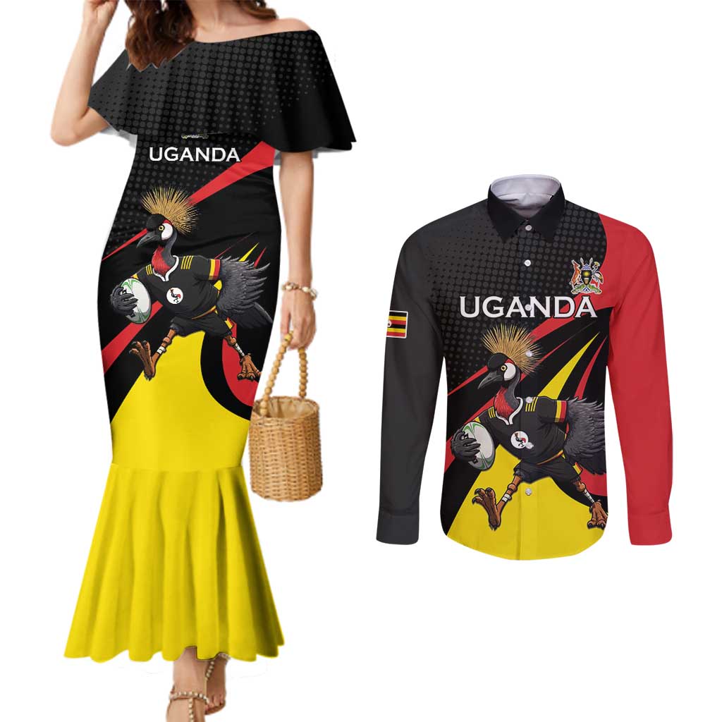 Uganda Rugby Custom Couples Matching Mermaid Dress and Long Sleeve Button Shirt Black Crowned Crane Mascot - Sporty Style