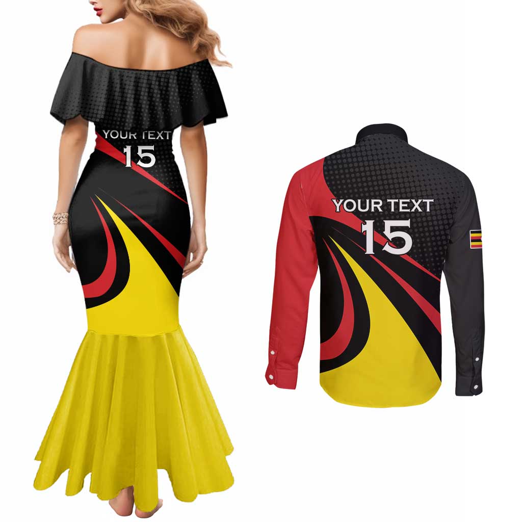Uganda Rugby Custom Couples Matching Mermaid Dress and Long Sleeve Button Shirt Black Crowned Crane Mascot - Sporty Style