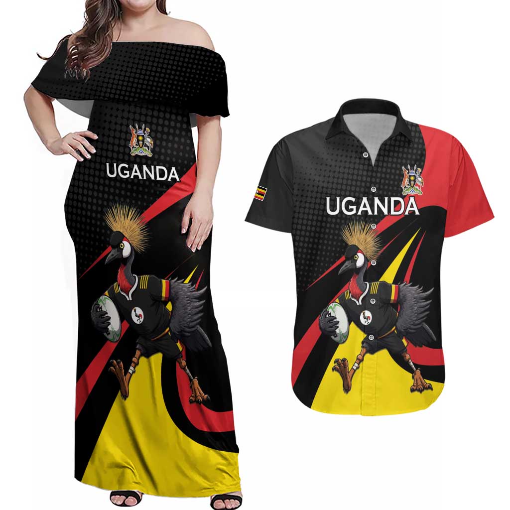 Uganda Rugby Custom Couples Matching Off Shoulder Maxi Dress and Hawaiian Shirt Black Crowned Crane Mascot - Sporty Style