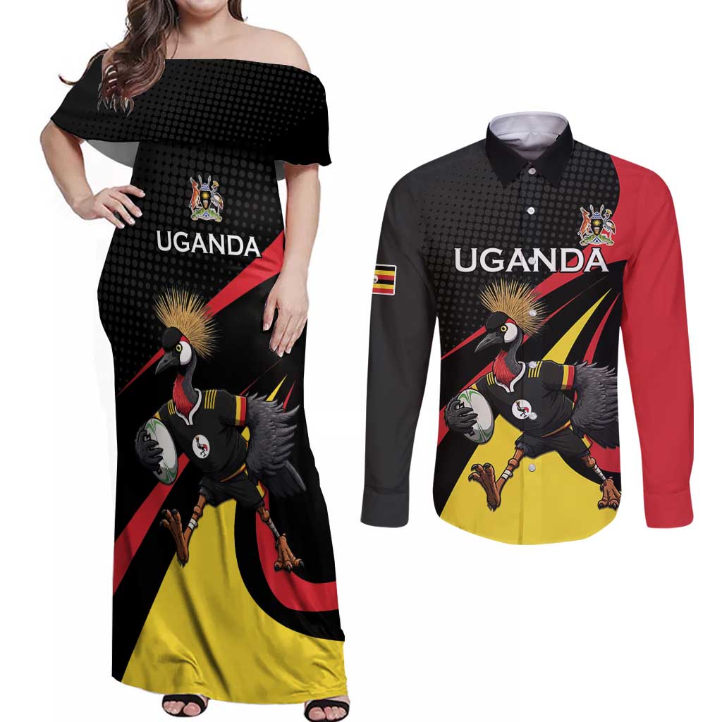 Uganda Rugby Custom Couples Matching Off Shoulder Maxi Dress and Long Sleeve Button Shirt Black Crowned Crane Mascot - Sporty Style