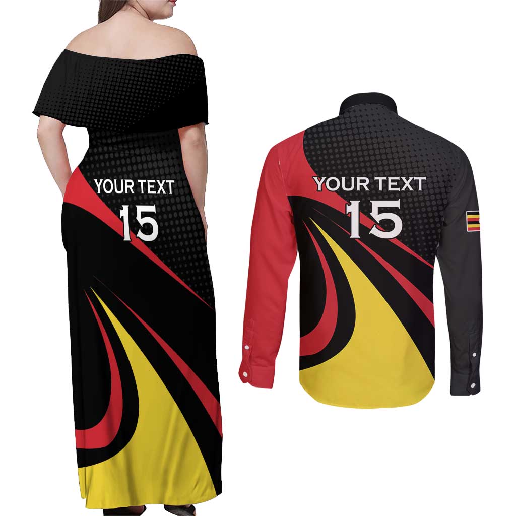 Uganda Rugby Custom Couples Matching Off Shoulder Maxi Dress and Long Sleeve Button Shirt Black Crowned Crane Mascot - Sporty Style