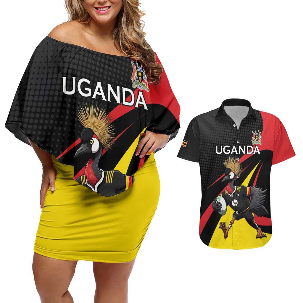 Uganda Rugby Custom Couples Matching Off Shoulder Short Dress and Hawaiian Shirt Black Crowned Crane Mascot - Sporty Style
