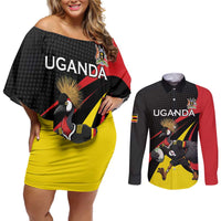 Uganda Rugby Custom Couples Matching Off Shoulder Short Dress and Long Sleeve Button Shirt Black Crowned Crane Mascot - Sporty Style