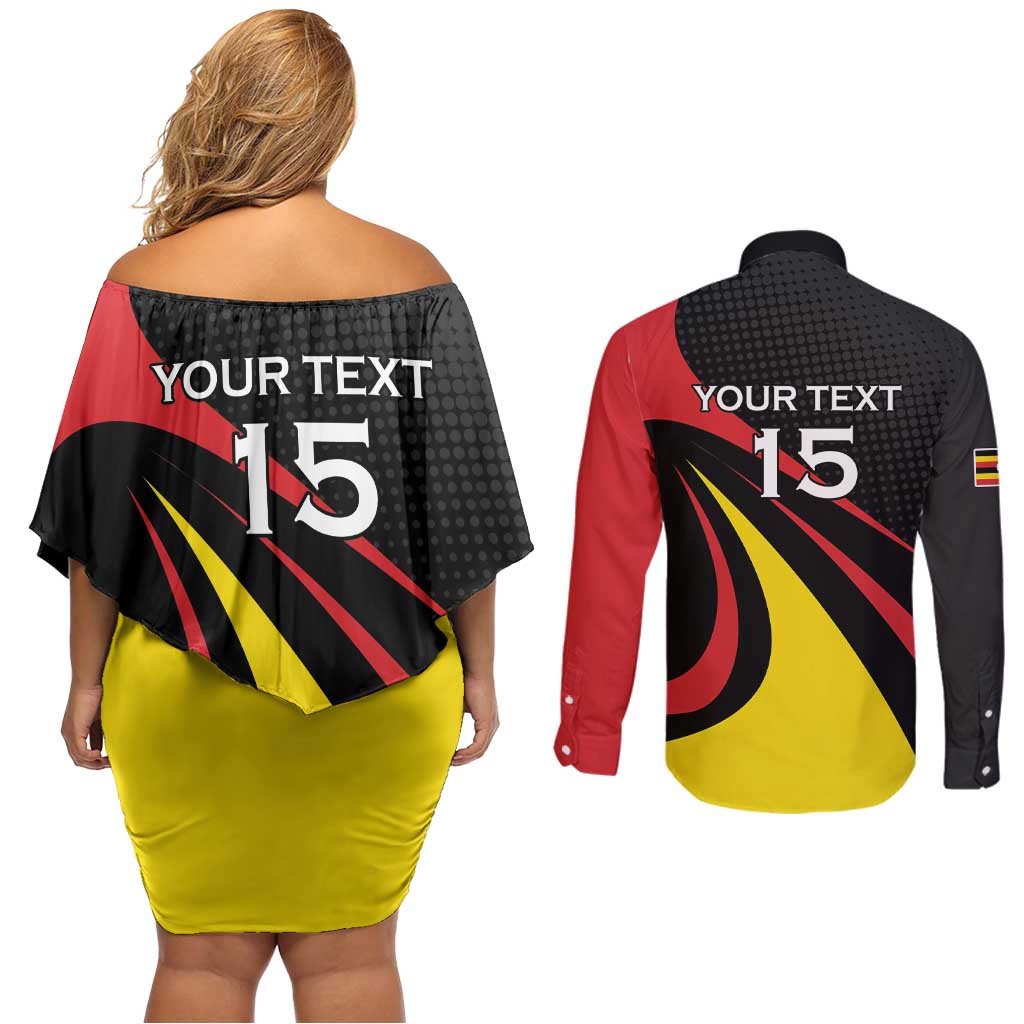 Uganda Rugby Custom Couples Matching Off Shoulder Short Dress and Long Sleeve Button Shirt Black Crowned Crane Mascot - Sporty Style